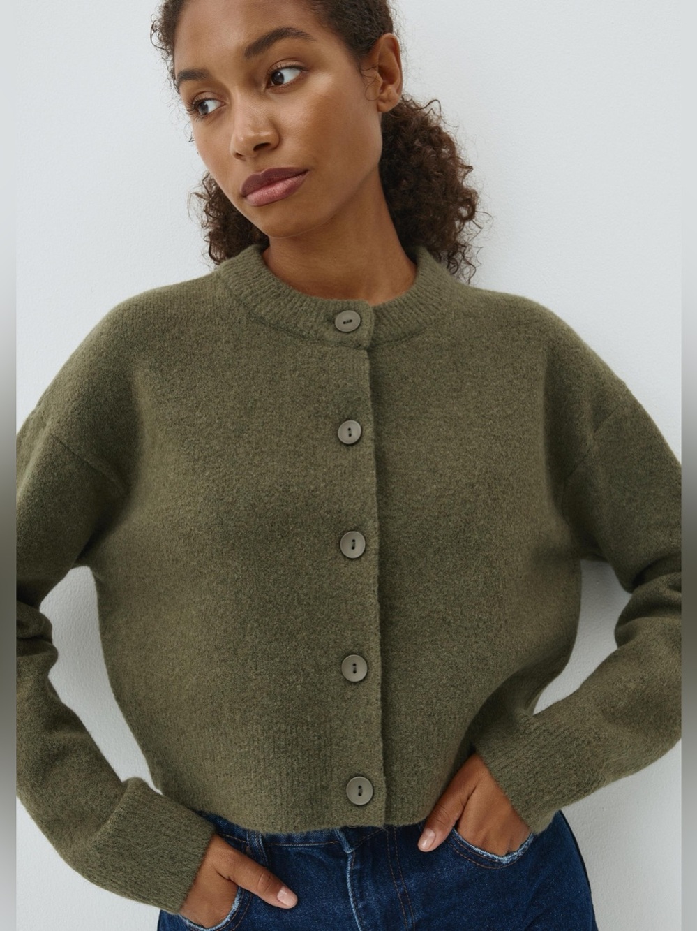 Zara Dark Olive Cropped Button Cardigan